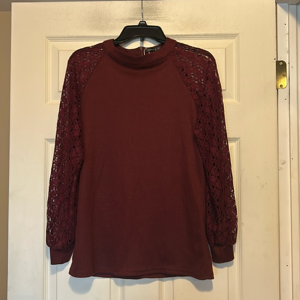 Miholl Burgundy Long Sleeve Lace Blouse Size Small